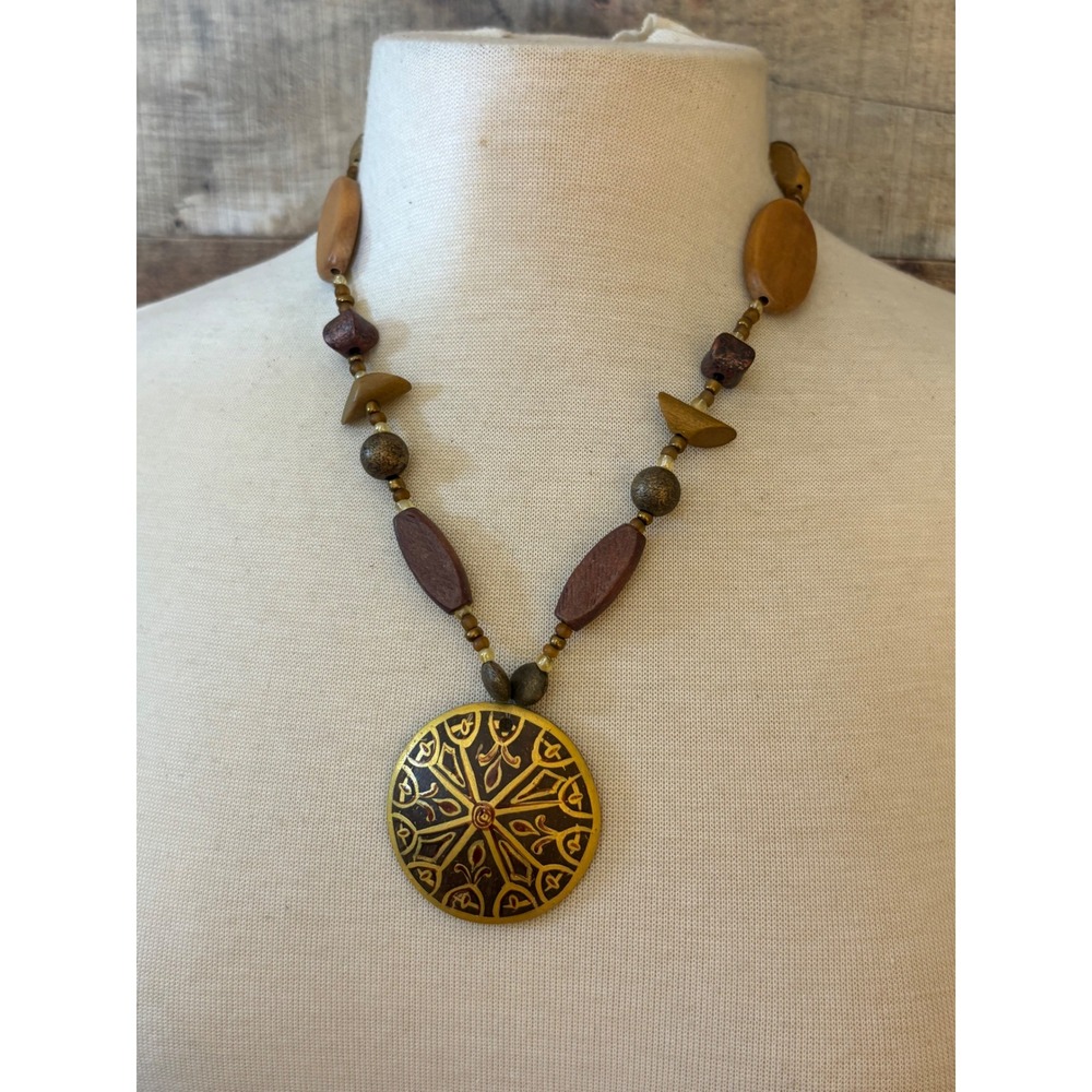 Boho Wood Beaded Statement Necklace Gold Mandala Pendant Earthy Brown 22 Inch